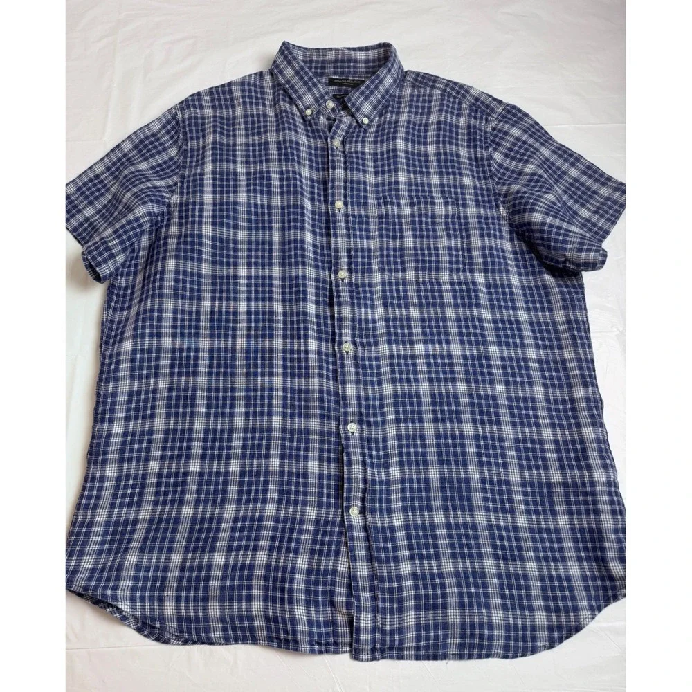 Banana Republic Mens XL Blue Plaid 100% Linen Short Sleeve Shirt Camden Fit